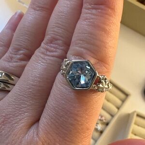 Silvertone Blue Hexagon Ring
